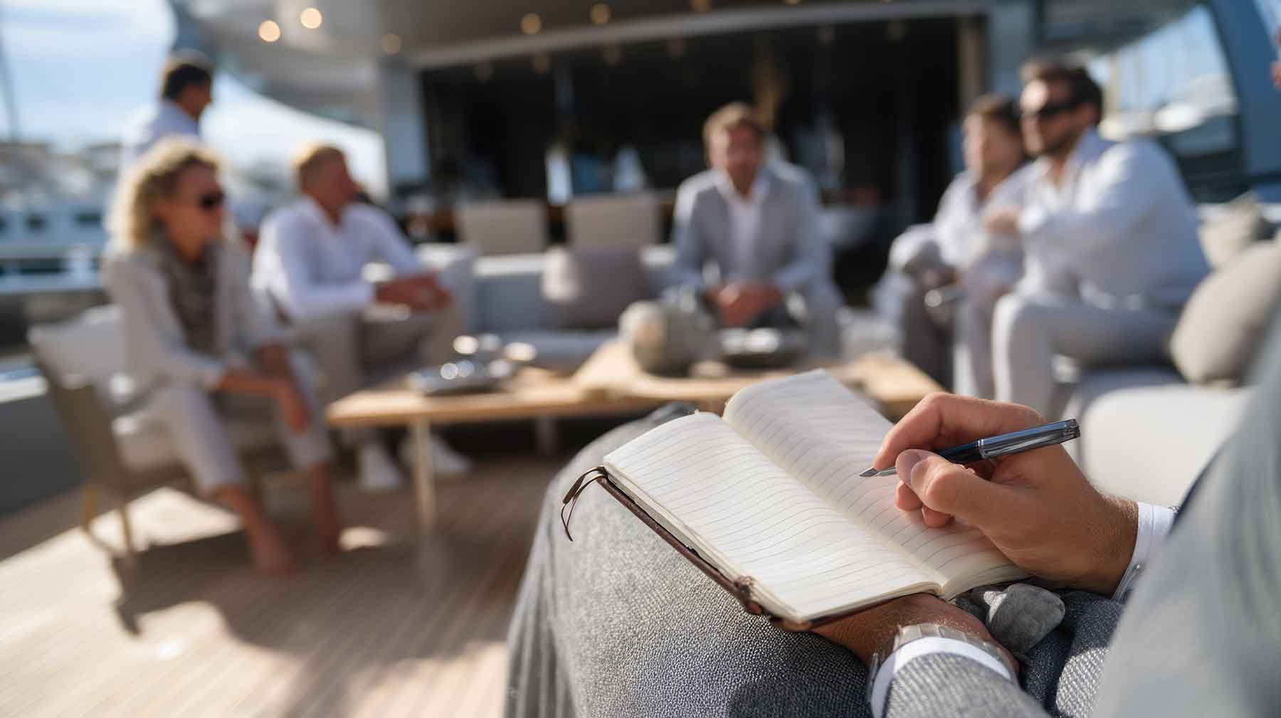 Corporate-meeting Person writing in an open notebook in the foreground; a group of people sit and converse in the background on a yacht deck.