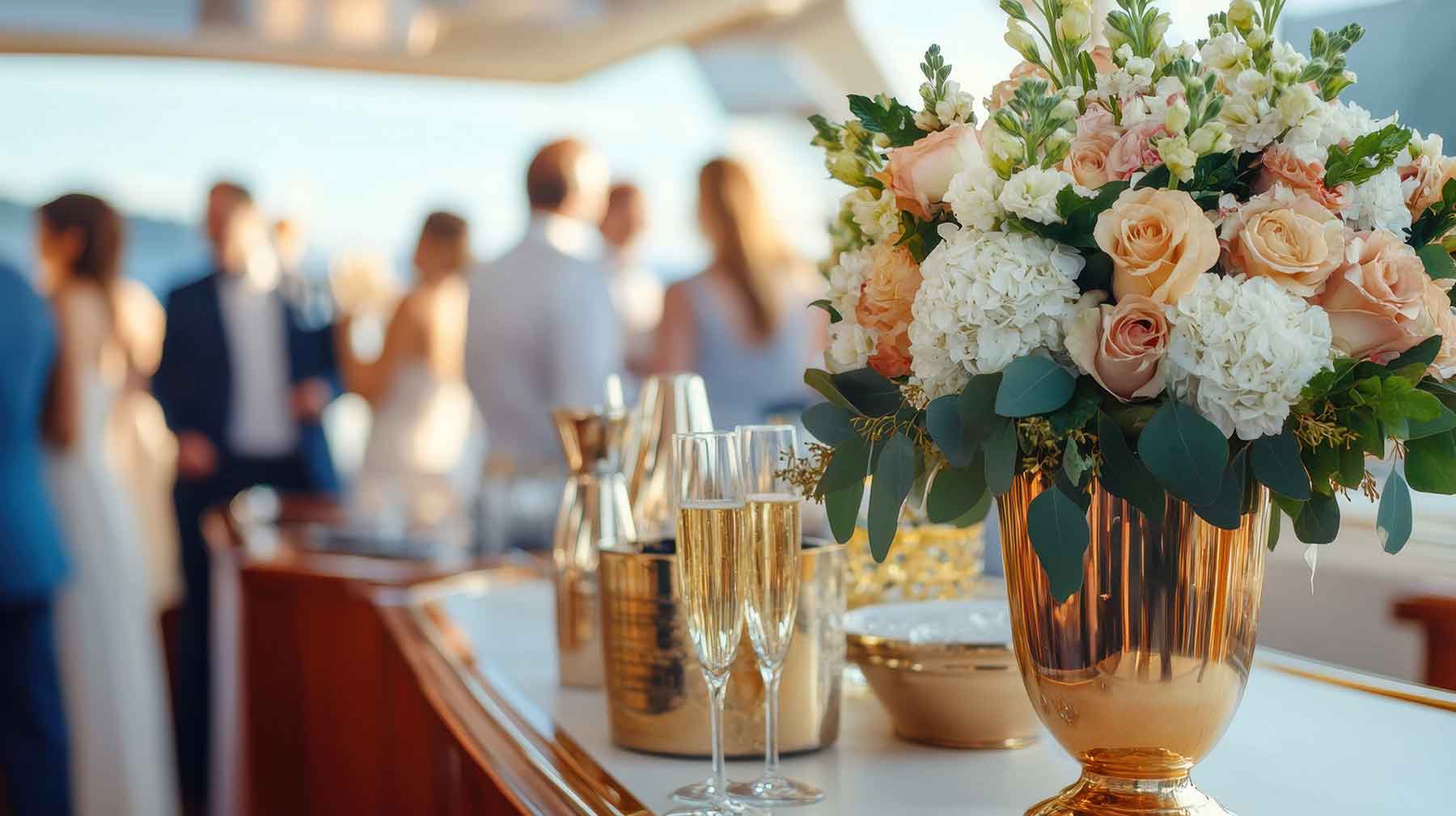 Corporate-outing A gold vase with a bouquet of white and peach flowers sits on a table with champagne glasses at an outdoor event with people socializing in the background.