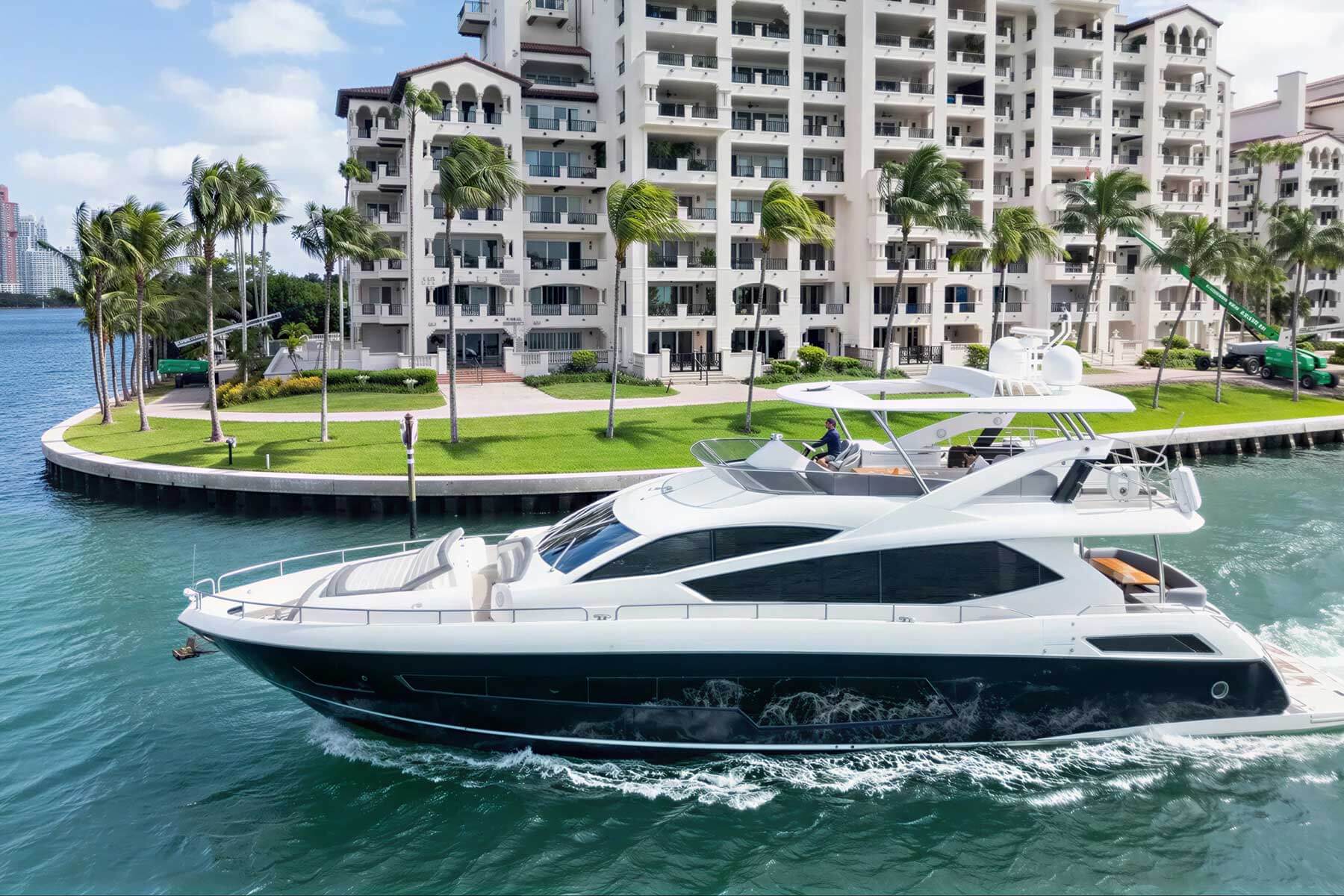 A large white yacht cruises through a canal bordered by palm trees and a multi-story waterfront condominium building.