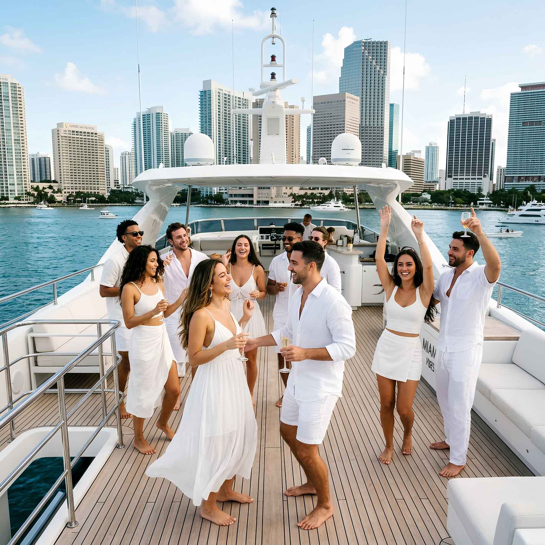 white-party A group of people in white outfits socialize and dance on the deck of a yacht, with a city skyline and water in the background.